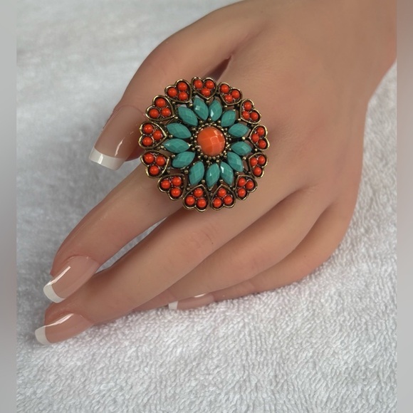 Heidi Daus Style Bohemian Chic Coral & Turquoise Statement Ring - Picture 4 of 15